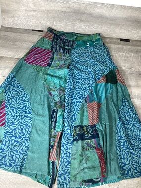 POL Boho Patchwork Midi Skirt Women L Elastic Waist Cotton Rayon Festival Summer